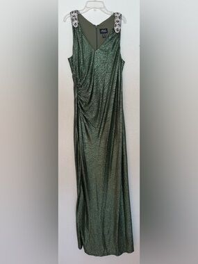 Adrianna Papell Shimmery Emerald Green Maxi Dress with Embellished Shoulders